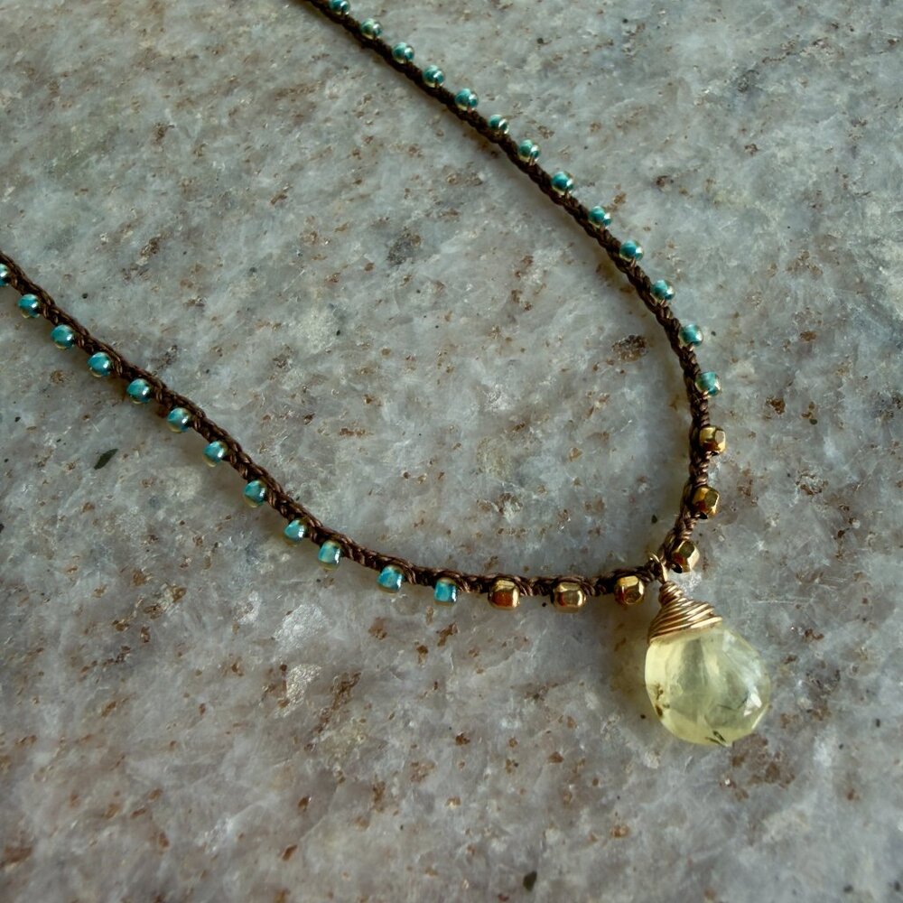 Adella Necklace Chocolate Crocheted Silk Cord with Light Blue and Gold Seed Bead